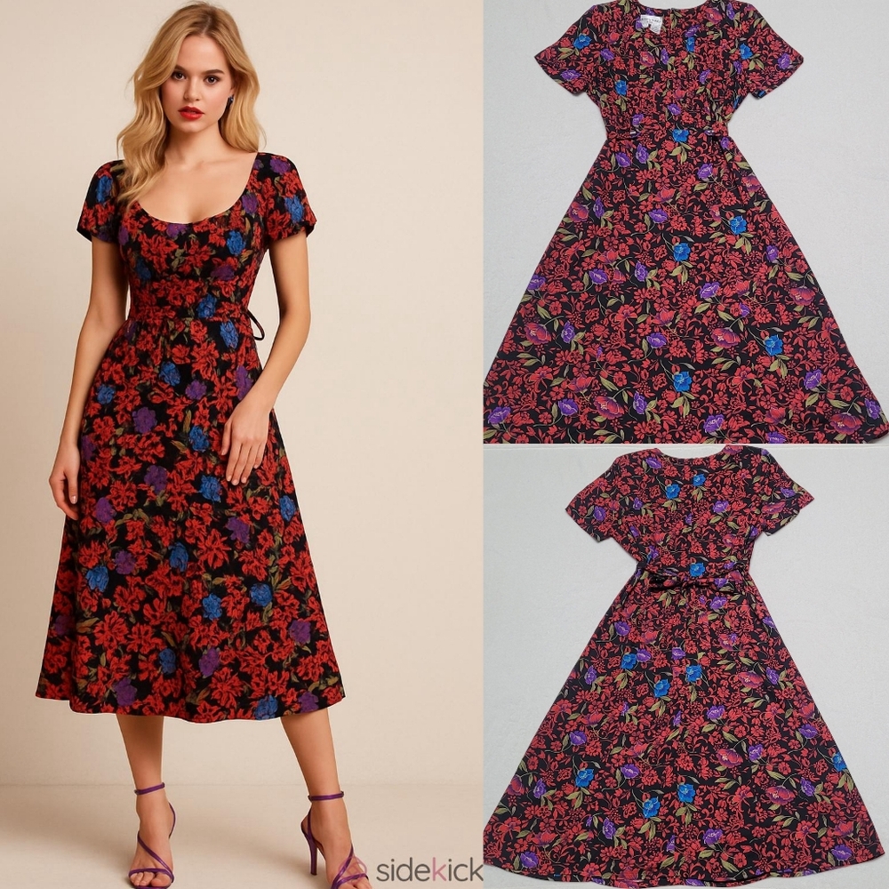 90s Vintage Betsy's Things Red Purple Ditsy Floral Pleated Tie-Waist Midi Dress
